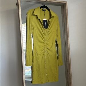 PrettyLittleThing Long Sleeve Ribbed Button-Front Dress in Olive